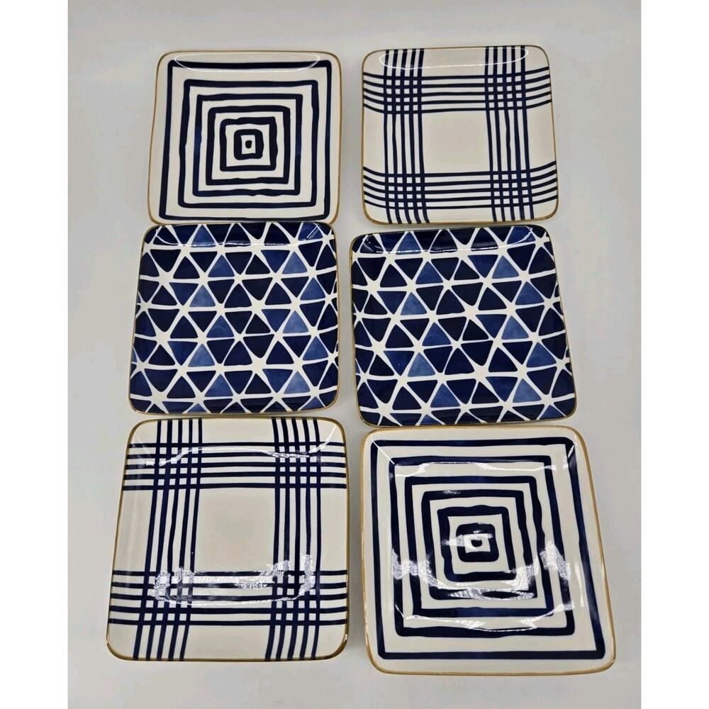 6 Over And Back Square Contemporary Geometric Blue And White Appetizer Plates